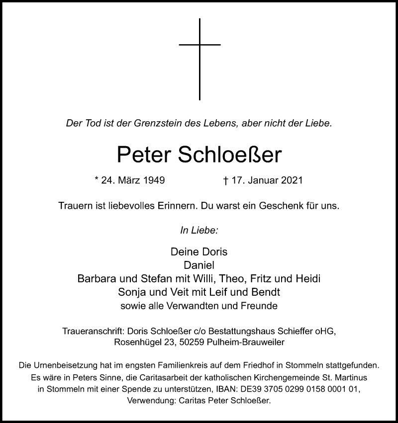  Traueranzeige für Peter Schloeßer vom 06.02.2021 aus Kölner Stadt-Anzeiger / Kölnische Rundschau / Express