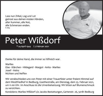 Anzeige von Peter Wißdorf von  Werbepost 