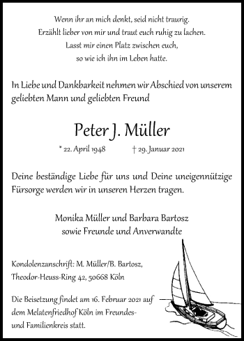 Anzeige von Peter J. Müller von Kölner Stadt-Anzeiger / Kölnische Rundschau / Express