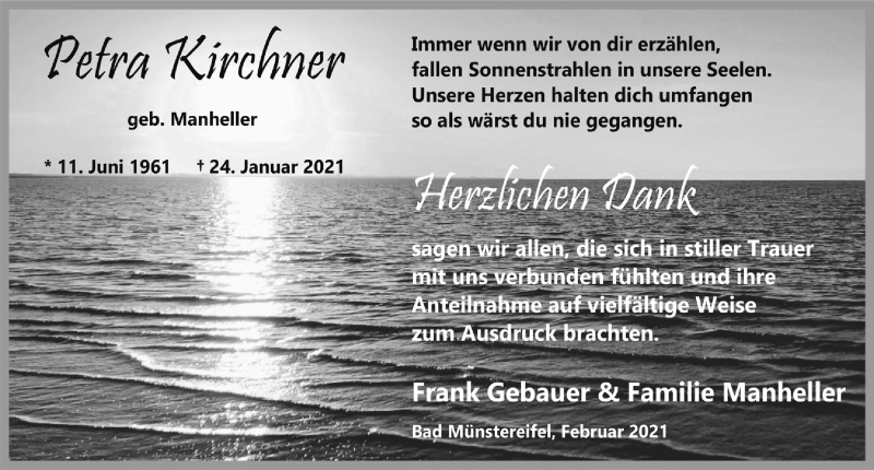  Traueranzeige für Petra Kirchner vom 27.02.2021 aus  Blickpunkt Euskirchen 