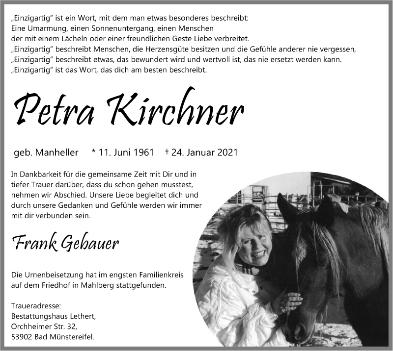  Traueranzeige für Petra Kirchner vom 06.02.2021 aus  Blickpunkt Euskirchen 