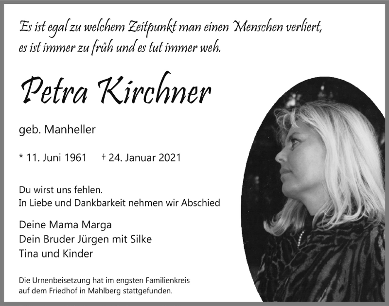  Traueranzeige für Petra Kirchner vom 06.02.2021 aus  Blickpunkt Euskirchen 