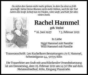 Anzeige von Rachel Hammel von Kölner Stadt-Anzeiger / Kölnische Rundschau / Express