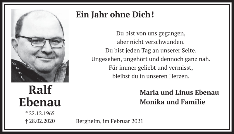  Traueranzeige für Ralf Ebenau vom 19.02.2021 aus  Werbepost 