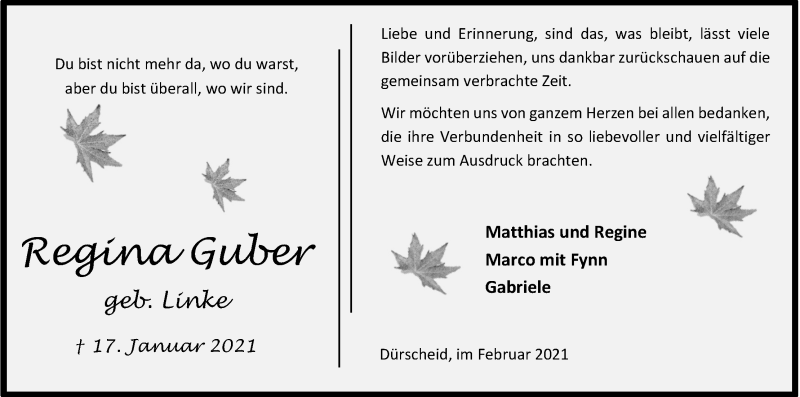  Traueranzeige für Regina Guber vom 27.02.2021 aus Kölner Stadt-Anzeiger / Kölnische Rundschau / Express