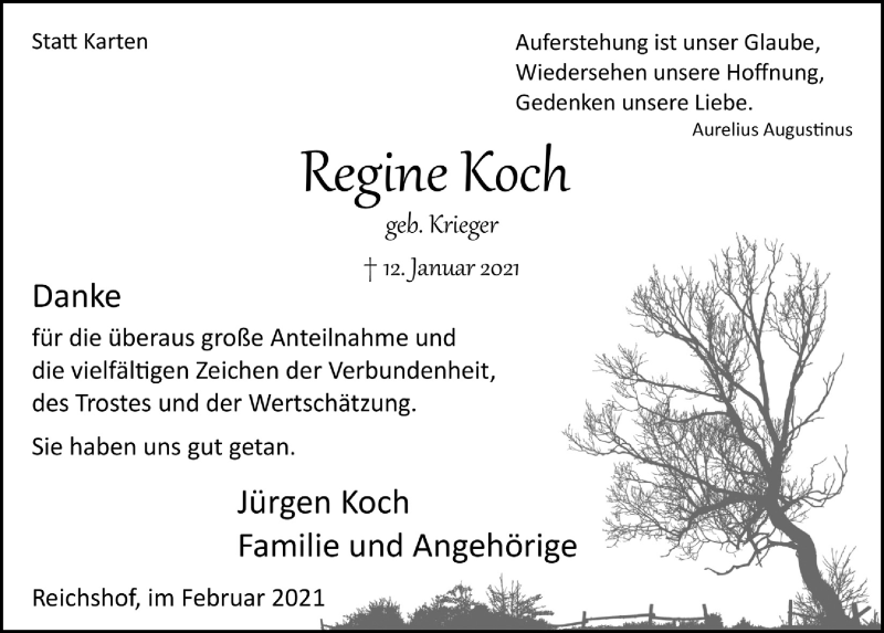  Traueranzeige für Regine Koch vom 12.02.2021 aus  Anzeigen Echo  Lokalanzeiger 