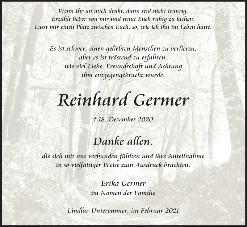  Traueranzeige für Reinhard Germer vom 06.02.2021 aus Kölner Stadt-Anzeiger / Kölnische Rundschau / Express