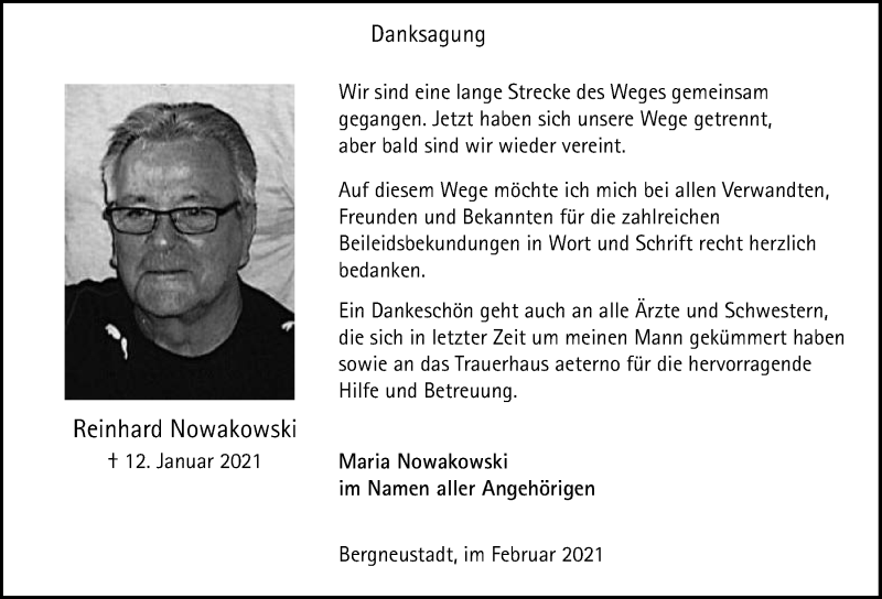  Traueranzeige für Reinhard Nowakowski vom 26.02.2021 aus  Anzeigen Echo 
