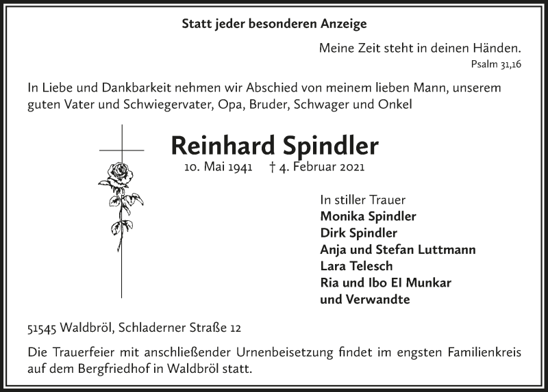  Traueranzeige für Reinhard Spindler vom 12.02.2021 aus  Lokalanzeiger 