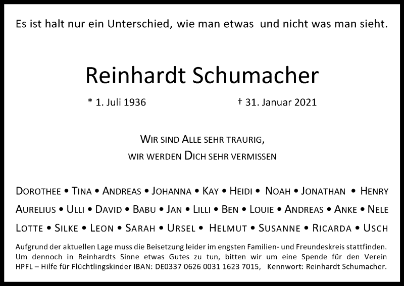  Traueranzeige für Reinhardt Schumacher vom 20.02.2021 aus Kölner Stadt-Anzeiger / Kölnische Rundschau / Express