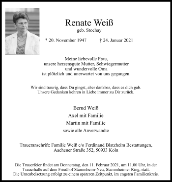 Anzeige von Renate Weiß von Kölner Stadt-Anzeiger / Kölnische Rundschau / Express