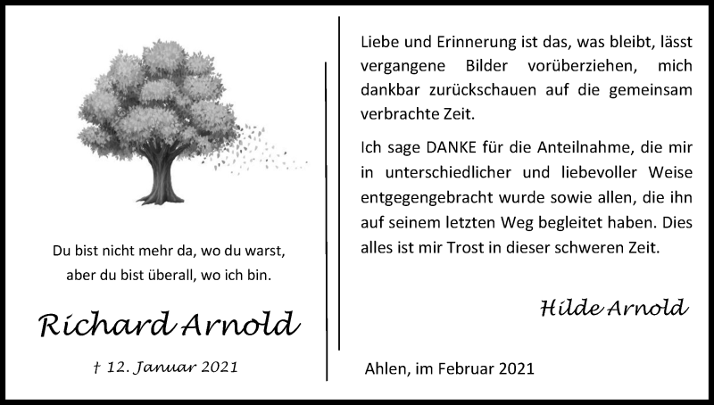  Traueranzeige für Richard Arnold vom 27.02.2021 aus Kölner Stadt-Anzeiger / Kölnische Rundschau / Express