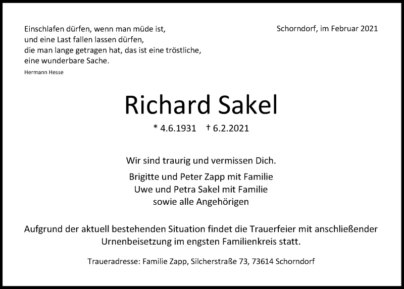  Traueranzeige für Richard Sakel vom 12.02.2021 aus  Anzeigen Echo 