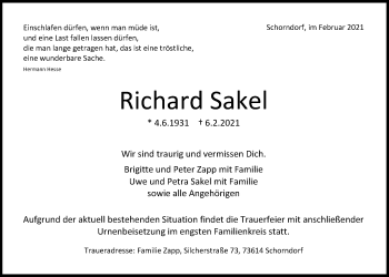 Anzeige von Richard Sakel von  Anzeigen Echo 