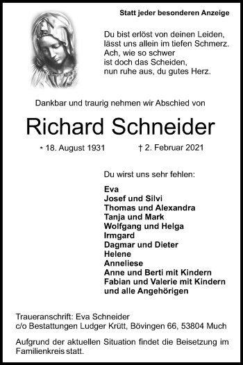 Anzeige von Richard Schneider von Kölner Stadt-Anzeiger / Kölnische Rundschau / Express