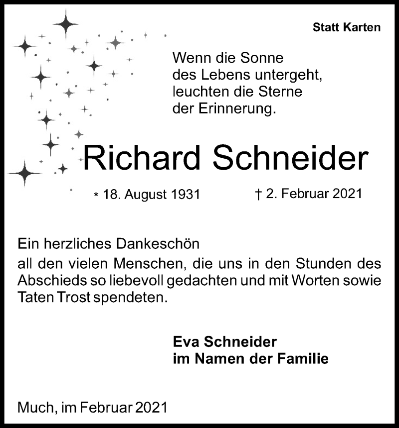  Traueranzeige für Richard Schneider vom 20.02.2021 aus Kölner Stadt-Anzeiger / Kölnische Rundschau / Express