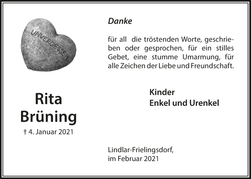  Traueranzeige für Rita Brüning vom 05.02.2021 aus  Anzeigen Echo 