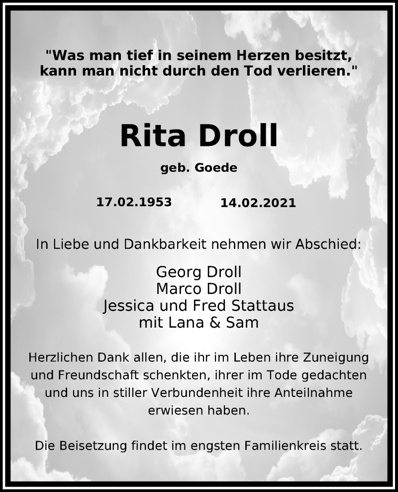  Traueranzeige für Rita Droll vom 20.02.2021 aus Kölner Stadt-Anzeiger / Kölnische Rundschau / Express
