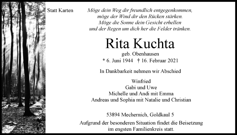  Traueranzeige für Rita Kuchta vom 20.02.2021 aus  Blickpunkt Euskirchen 