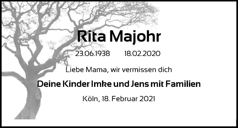  Traueranzeige für Rita Majohr vom 18.02.2021 aus Kölner Stadt-Anzeiger / Kölnische Rundschau / Express