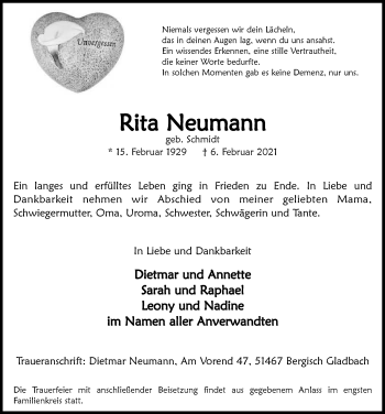 Anzeige von Rita Neumann von  Anzeigen Echo 