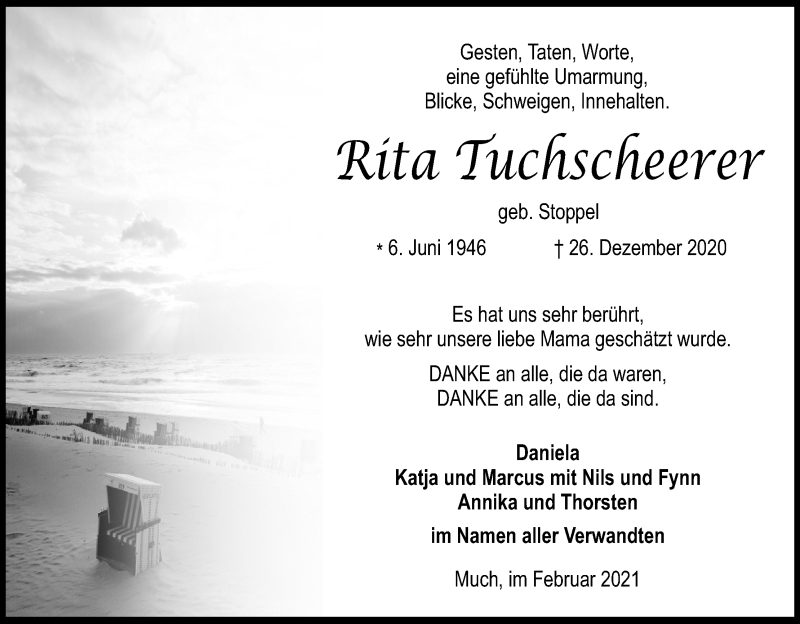  Traueranzeige für Rita Tuchscheerer vom 13.02.2021 aus Kölner Stadt-Anzeiger / Kölnische Rundschau / Express