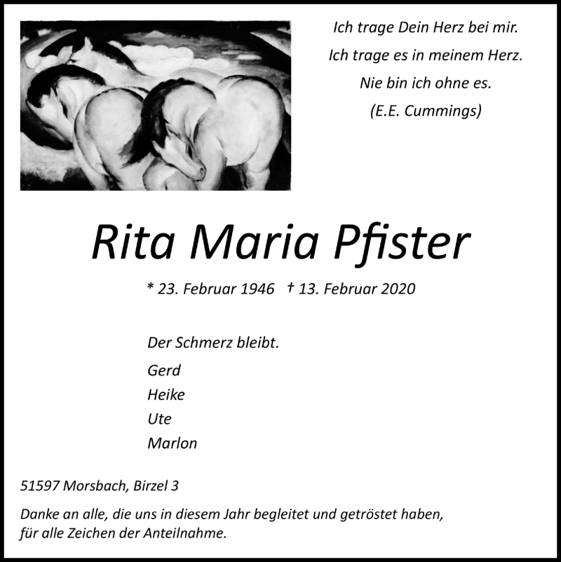  Traueranzeige für Rita Maria Pfister vom 19.02.2021 aus  Lokalanzeiger 