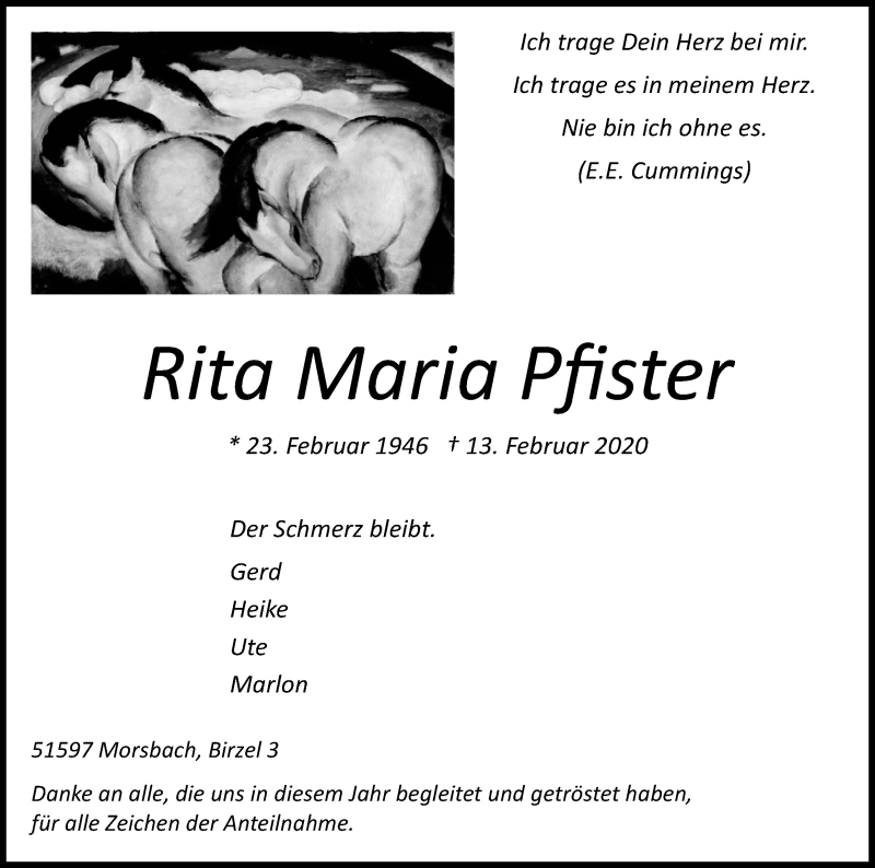  Traueranzeige für Rita Maria Pfister vom 20.02.2021 aus Kölner Stadt-Anzeiger / Kölnische Rundschau / Express