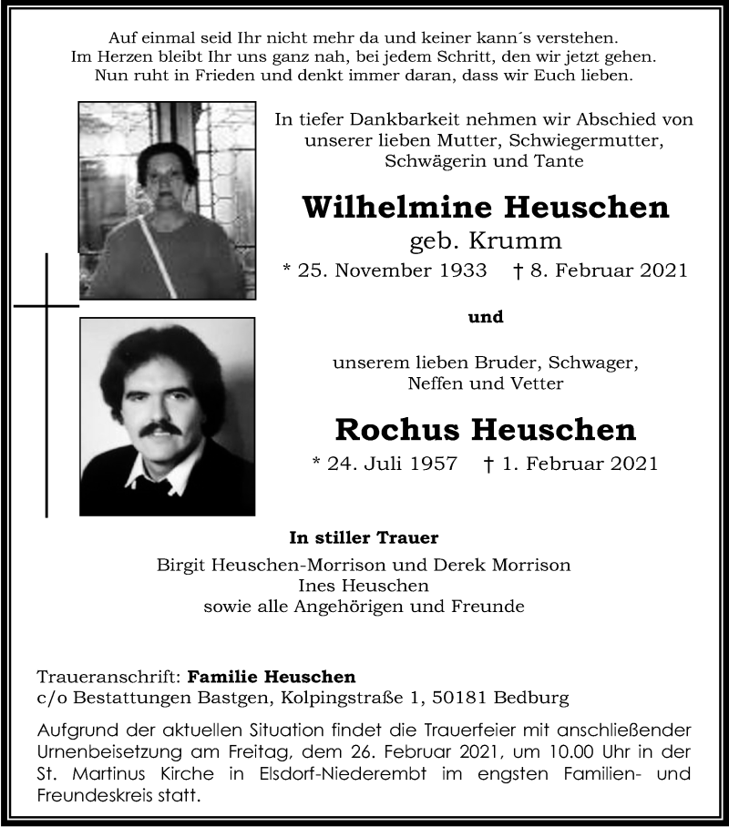  Traueranzeige für Rochus Heuschen vom 20.02.2021 aus Kölner Stadt-Anzeiger / Kölnische Rundschau / Express