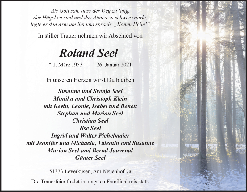  Traueranzeige für Roland Seel vom 06.02.2021 aus Kölner Stadt-Anzeiger / Kölnische Rundschau / Express