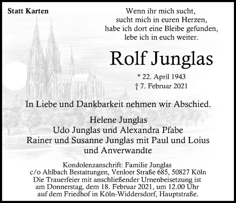  Traueranzeige für Rolf Junglas vom 13.02.2021 aus Kölner Stadt-Anzeiger / Kölnische Rundschau / Express