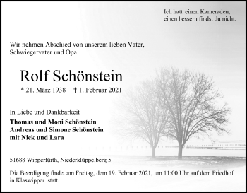 Anzeige von Rolf Schönstein von Kölner Stadt-Anzeiger / Kölnische Rundschau / Express