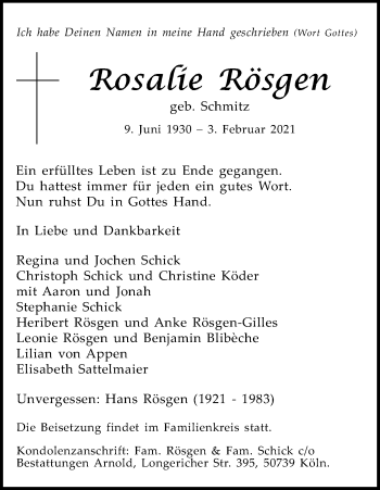 Anzeige von Rosalie Rösgen von Kölner Stadt-Anzeiger / Kölnische Rundschau / Express