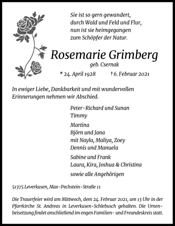 Anzeige von Rosemarie Grimberg von Kölner Stadt-Anzeiger / Kölnische Rundschau / Express