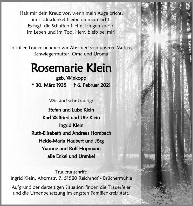  Traueranzeige für Rosemarie Klein vom 10.02.2021 aus Kölner Stadt-Anzeiger / Kölnische Rundschau / Express