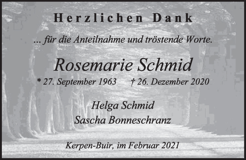  Traueranzeige für Rosemarie Schmid vom 12.02.2021 aus  Werbepost 