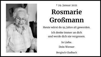 Anzeige von Rosmarie Großmann von Kölner Stadt-Anzeiger / Kölnische Rundschau / Express