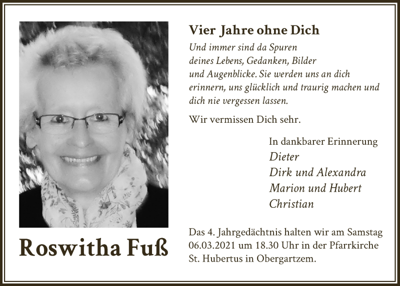  Traueranzeige für Roswitha Fuß vom 27.02.2021 aus  Blickpunkt Euskirchen 