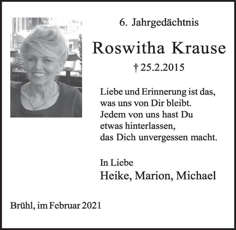  Traueranzeige für Roswitha Krause vom 19.02.2021 aus  Schlossbote/Werbekurier 