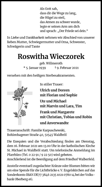 Anzeige von Roswitha Wieczorek von Kölner Stadt-Anzeiger / Kölnische Rundschau / Express