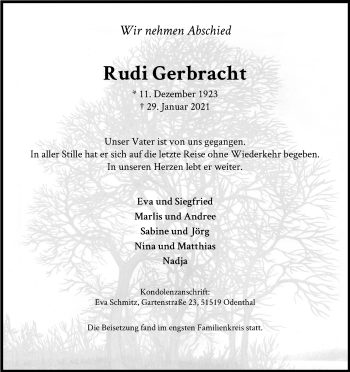 Anzeige von Rudi Gerbracht von Kölner Stadt-Anzeiger / Kölnische Rundschau / Express