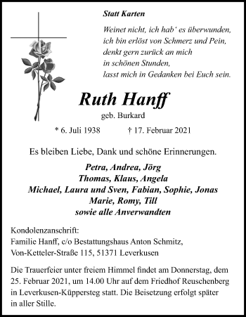Anzeige von Ruth Hanff von Kölner Stadt-Anzeiger / Kölnische Rundschau / Express