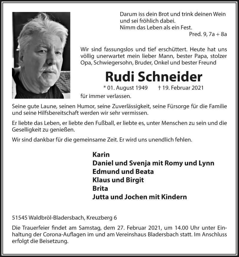  Traueranzeige für Rudi Schneider vom 26.02.2021 aus  Lokalanzeiger 
