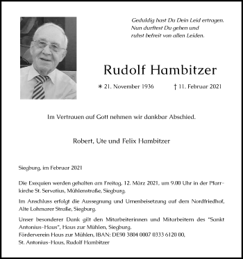 Anzeige von Rudolf Hambitzer von Kölner Stadt-Anzeiger / Kölnische Rundschau / Express