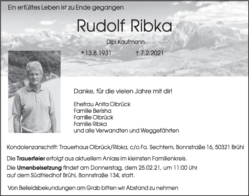  Traueranzeige für Rudolf Ribka vom 19.02.2021 aus  Schaufenster/Blickpunkt  Schlossbote/Werbekurier 