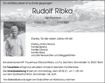 Anzeige von Rudolf Ribka von  Schaufenster/Blickpunkt  Schlossbote/Werbekurier 