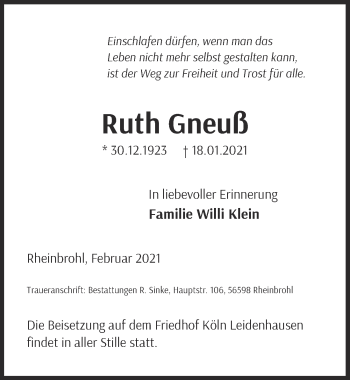 Anzeige von Ruth Gneuß von  Kölner Wochenspiegel 