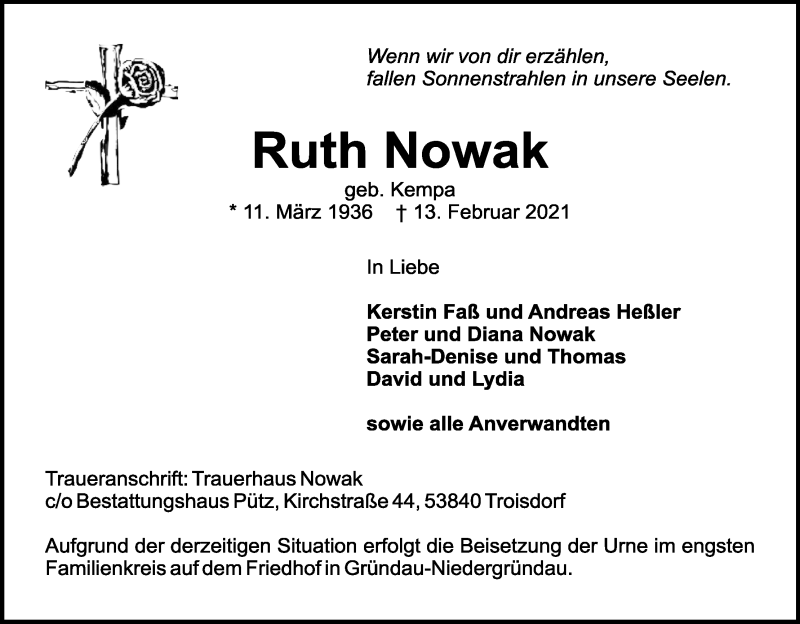  Traueranzeige für Ruth Nowak vom 20.02.2021 aus Kölner Stadt-Anzeiger / Kölnische Rundschau / Express