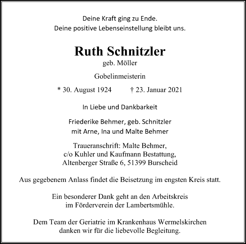  Traueranzeige für Ruth Schnitzler vom 13.02.2021 aus Kölner Stadt-Anzeiger / Kölnische Rundschau / Express