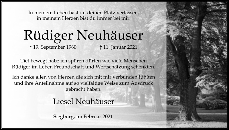  Traueranzeige für Rüdiger Neuhäuser vom 06.02.2021 aus Kölner Stadt-Anzeiger / Kölnische Rundschau / Express